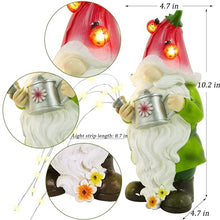 Load image into Gallery viewer, Joliyoou Solar Garden Statue Outdoor Decor, 10.2" H Resin Gnome with Watering Can & Solar Fairy Lights, Waterproof Standing Gnome Figurine for Lawn Yard Pathway Patio Front Door Decoration