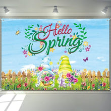 Load image into Gallery viewer, Arosche Spring Decorations Hello Spring Banner 72" x 48" Backdrop Gnomes Flowers Farmhouse Photography Seasonal Sping Holiday Backdrop for Indoor Outdoor Garden,Yard,Party Home Decorations