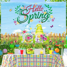 Load image into Gallery viewer, Arosche Spring Decorations Hello Spring Banner 72" x 48" Backdrop Gnomes Flowers Farmhouse Photography Seasonal Sping Holiday Backdrop for Indoor Outdoor Garden,Yard,Party Home Decorations