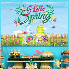 Load image into Gallery viewer, Arosche Spring Decorations Hello Spring Banner 72" x 48" Backdrop Gnomes Flowers Farmhouse Photography Seasonal Sping Holiday Backdrop for Indoor Outdoor Garden,Yard,Party Home Decorations