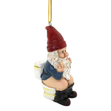 Load image into Gallery viewer, Funny Gnome Christmas Ornament, Inappropriate Hanging Decor for Tree, White Elephant Gift for Adults, 1.75 x 1.2 x 3.3 (Gnome on Toilet)