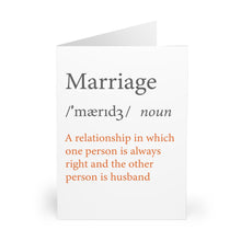 Load image into Gallery viewer, Hilarious Anniversary Greeting Card - Funny Marriage Definition for Husband - White Background - Humorous Card for Couples, Spouses