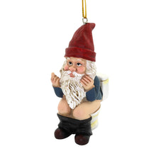 Load image into Gallery viewer, Funny Gnome Christmas Ornament, Inappropriate Hanging Decor for Tree, White Elephant Gift for Adults, 1.75 x 1.2 x 3.3 (Gnome on Toilet)