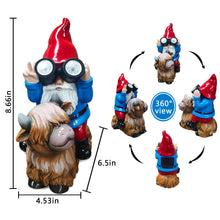 Load image into Gallery viewer, Vovkokc Solar Cow Gnomes Statue Garden Ornaments Outdoor Decorations Gnome Sitting on Highland Cow Solar Lights Binoculars Gnome Gifts for Yard Decor