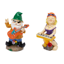 Load image into Gallery viewer, Rock N Roll Musician Gnomes with Solar LED Light Instruments | Set of 2 | Musician, Pianist, Guitarist Garden Statue, Yard Art Décor, Indoor & Outdoor Ornament for Lawn, Patio Sculpture - 10"-11" H