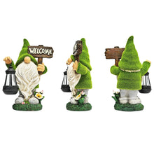 Load image into Gallery viewer, Garden Gnome Statue Outdoor Decor Large Flocked Resin Gnome Figurine with Solar Light Holding Lantern Welcome Sign Garden Yard Decorations Dwarf Sculpture for Outside Patio Porch Lawn Decor