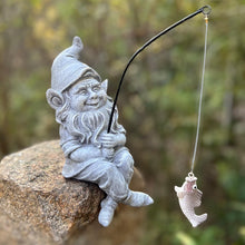 Load image into Gallery viewer, Garden Gnome Pond Statue Decoration, Fishing Gnome Garden Statue Outdoor Koi Pond or Waterfall Decor, 9.7" Stone Gnome Fishing Poolside Statue with Glow in Dark Pebbles Included, Great Gifts for Mom