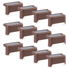 Load image into Gallery viewer, GIGALUMI Solar Fence Lights Outdoor Garden, 12 Pack Solar Step Lights, Waterproof Deck Decorative Lighting for Stairs, Yard, Patio, Gutter, Garden, Pathway Decoration (Brown, Cold White)