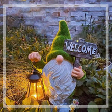 Load image into Gallery viewer, Garden Gnome Statue Outdoor Decor Large Flocked Resin Gnome Figurine with Solar Light Holding Lantern Welcome Sign Garden Yard Decorations Dwarf Sculpture for Outside Patio Porch Lawn Decor