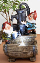 Load image into Gallery viewer, Primrose 28cm Garden Gnome Helpers Pump & Barrel Indoor Outdoor Water Feature with LED Light