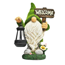 Load image into Gallery viewer, Garden Gnome Statue Outdoor Decor Large Flocked Resin Gnome Figurine with Solar Light Holding Lantern Welcome Sign Garden Yard Decorations Dwarf Sculpture for Outside Patio Porch Lawn Decor