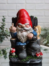 Load image into Gallery viewer, Ebros Gift Rude Mean Garden Greeter Go Away! Mr Gnome Dwarf with Squirrel On Tree Logs Chair Flipping The Bird Middle Finger Figurine As Whimsical Decor Magical Fantasy Gnomes