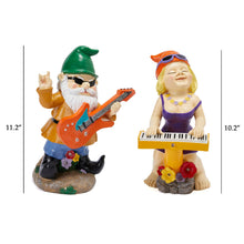 Load image into Gallery viewer, Rock N Roll Musician Gnomes with Solar LED Light Instruments | Set of 2 | Musician, Pianist, Guitarist Garden Statue, Yard Art Décor, Indoor & Outdoor Ornament for Lawn, Patio Sculpture - 10"-11" H