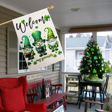 Load image into Gallery viewer, FUYUCHEN Welcome St Patricks Day Gnomes House Flag 28x40 Inch Double Sided Shamrock Lucky Clover Holiday Yard Large Flag Outdoor Decoration
