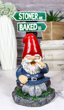 Load image into Gallery viewer, Ebros Gift Whimsical Carefree Gypsy Life Mr Gnome Dwarf Stoner Smoking Rolled Stash Sitting by Crossroads Stoner Ave and Baked St Figurine Fantasy Gnomes Fairy Garden Home Decor