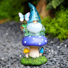 Load image into Gallery viewer, Starryfill Solar Garden Gnome Figurine in Blue Hat Plays with Butterfly on The Mushroom, 9.45inch(H) Resin Gnomes Decor with Solar Led Lights for Home Patio Lawn Backyard Christmas Decorations
