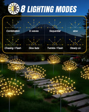 Load image into Gallery viewer, KALAHOL Solar Firework Lights 180 LED 2 Pack, 8 Modes Solar Lights Outdoor Garden IP65 Waterproof, Decoration for Pathway Flowerbed Party Ornaments Yard(Warm White)
