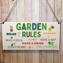 Load image into Gallery viewer, Second Ave Funny Garden Rules Wooden Hanging Gift Rectangle Garden Sign Plaque
