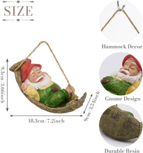 Load image into Gallery viewer, TERESA'S COLLECTIONS Cute Garden Gnomes Decorations for Yard Hanging Statues Outdoor Gifts, Sleepy Gnome in Swing Leaf Hammock Resin Tree Ornaments Figurines for Stump Branch Lawn Patio Decor, 7.4"