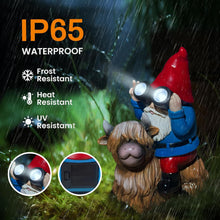 Load image into Gallery viewer, Vovkokc Solar Cow Gnomes Statue Garden Ornaments Outdoor Decorations Gnome Sitting on Highland Cow Solar Lights Binoculars Gnome Gifts for Yard Decor