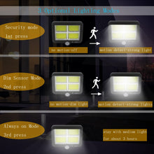 Load image into Gallery viewer, Jorft Solar Wall Lights, COB Motion Sensor Outdoor Security Lights 3 Lighting Modes Dimmable Solar Powered Waterproof Lamp with 16.5ft Cable for Outside Garden Garage Shed Walkway Use