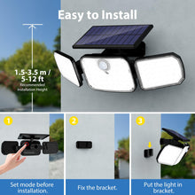 Load image into Gallery viewer, Peasur Solar Security Lights Outdoor Motion Sensor, 3 Modes Solar Powered Flood Light with Remote Control 3 Adjustable Heads, IP65 Waterproof Wall Mount Wireless for Yard Garage Patio Porch