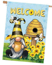 Load image into Gallery viewer, Spring Garden Flag for Outdoor 28x40 inch Double Sided Gnome Greetings with Playful Bees Large Polyester Seasonal Flags for Patio Yard Decor