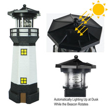 Load image into Gallery viewer, Syfunlv Solar Lighthouse Ornament Solar Revolving LED Lighthouse 10.6 x 3.5 inch,360 Degree Rotating Lighthouse Decoration, Best Lighthouse Gifts for Children (Black)