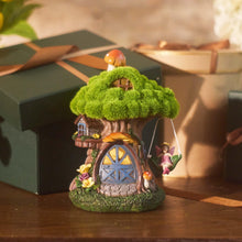 Load image into Gallery viewer, TERESA'S COLLECTIONS Fairy House Outdoor Statues with Solar Light for Garden Decor, Green Moss Resin Outdoor Cottage with Swinging Fairy, Lawn Ornaments Yard Decor Gifts for Mom Women, 8"