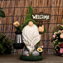 Load image into Gallery viewer, Garden Gnome Statue Outdoor Decor Large Flocked Resin Gnome Figurine with Solar Light Holding Lantern Welcome Sign Garden Yard Decorations Dwarf Sculpture for Outside Patio Porch Lawn Decor