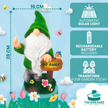 Load image into Gallery viewer, TIN DREAMS FACTORY | "Go Away Solar Rechargeable Garden Gnome - Fun Outdoor Decoration for Garden and Patio - Dwarfs - Resin Figures - Original Home Ornaments