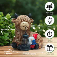 Load image into Gallery viewer, Solar Highland Cow Gnome Decor - Garden Gnomes Statues Highland Cattle Mouth with Solar Lantern, Outdoor Ornaments Funny Decoration for Yard, Patio, Unique Birthday Housewarming Gifts for Women, Mom