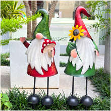 Load image into Gallery viewer, HONGLAND Garden Gnome Statue Outdoor Metal Gnome Yard Art 18 Inch Gnome Figurine Decorative Stakes for Holiday Xmas Lawn Patio Yard Garden Decor-2 PCS