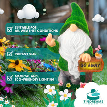 Load image into Gallery viewer, TIN DREAMS FACTORY | "Go Away Solar Rechargeable Garden Gnome - Fun Outdoor Decoration for Garden and Patio - Dwarfs - Resin Figures - Original Home Ornaments