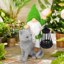 Load image into Gallery viewer, Sinhra Garden Cat Gnome Decoration with Solar Lights, Resin Flocked Gnome Figurine Holding Lantern, Outdoor Statue, Grey, Water Resistant, LED Light, 6.1”L x 10.62”H