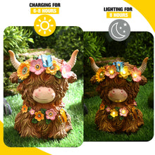 Load image into Gallery viewer, Colingmill Highland Cow Gnomes Resin, Garden Highland Cow Statue Solar Outdoor Decor with Flower Decoration for Patio, Yard, Gift for Mom, Cow Lovers(Bright)