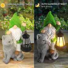 Load image into Gallery viewer, Sinhra Garden Cat Gnome Decoration with Solar Lights, Resin Flocked Gnome Figurine Holding Lantern, Outdoor Statue, Grey, Water Resistant, LED Light, 6.1”L x 10.62”H