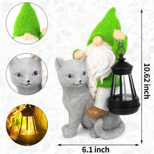 Load image into Gallery viewer, Sinhra Garden Cat Gnome Decoration with Solar Lights, Resin Flocked Gnome Figurine Holding Lantern, Outdoor Statue, Grey, Water Resistant, LED Light, 6.1”L x 10.62”H