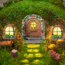Load image into Gallery viewer, Exasinine 6 Pcs Fairy Door and Windows for Trees Glow in The Dark Fairy Doors Miniature Fairy Garden Accessories for Wall Tree Fairy Garden Outdoor Decor with Tree Stump, 2 Fairy Lanterns