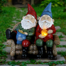 Load image into Gallery viewer, Exhart Good Time Bud Buddies Gnome Statue - Hand-Painted Gnome Best Friends Eating Chips & Smoking Marijuana Weed w/LED Accent Lights - Resin Gnome Decor Perfect for Home Garden Art, 10 Inches Tall