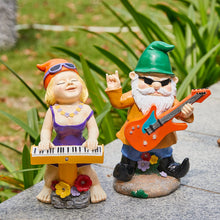 Load image into Gallery viewer, Rock N Roll Musician Gnomes with Solar LED Light Instruments | Set of 2 | Musician, Pianist, Guitarist Garden Statue, Yard Art Décor, Indoor & Outdoor Ornament for Lawn, Patio Sculpture - 10"-11" H