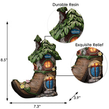 Load image into Gallery viewer, TERESA'S COLLECTIONS Boot Fairy House Garden Statues with Solar Outdoor Light, Resin Fairy Garden Accessories Outdoor Christmas Decorations Lawn Ornaments Yard Decor Thanksgiving Gifts for Mom, 8.5"