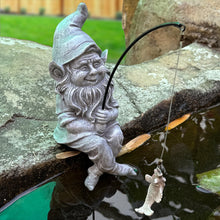 Load image into Gallery viewer, Garden Gnome Pond Statue Decoration, Fishing Gnome Garden Statue Outdoor Koi Pond or Waterfall Decor, 9.7" Stone Gnome Fishing Poolside Statue with Glow in Dark Pebbles Included, Great Gifts for Mom