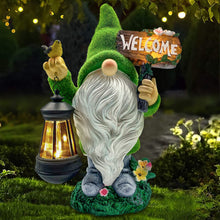 Load image into Gallery viewer, Lovinland Garden Gnome Statue Outdoor Decor Large Flocked Resin Gnome Figurine with Solar Light Holding Lantern Welcome Sign Garden Yard Decorations Dwarf Sculpture for Outside Patio Porch Lawn Decor