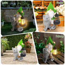 Load image into Gallery viewer, Sinhra Garden Cat Gnome Decoration with Solar Lights, Resin Flocked Gnome Figurine Holding Lantern, Outdoor Statue, Grey, Water Resistant, LED Light, 6.1”L x 10.62”H