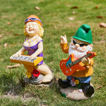 Load image into Gallery viewer, Rock N Roll Musician Gnomes with Solar LED Light Instruments | Set of 2 | Musician, Pianist, Guitarist Garden Statue, Yard Art Décor, Indoor & Outdoor Ornament for Lawn, Patio Sculpture - 10"-11" H