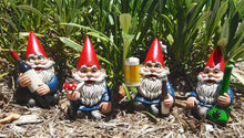 Load image into Gallery viewer, DWK 4" Happy Time Bunch Set of Four (4) Mini Gnomes with Bong Wine Beer and Pipe Party Favor Figurine Decor for Home and Office