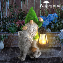 Load image into Gallery viewer, Sinhra Garden Cat Gnome Decoration with Solar Lights, Resin Flocked Gnome Figurine Holding Lantern, Outdoor Statue, Grey, Water Resistant, LED Light, 6.1”L x 10.62”H