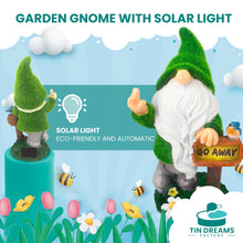 Load image into Gallery viewer, TIN DREAMS FACTORY | "Go Away Solar Rechargeable Garden Gnome - Fun Outdoor Decoration for Garden and Patio - Dwarfs - Resin Figures - Original Home Ornaments
