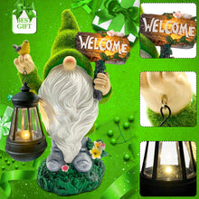Load image into Gallery viewer, Lovinland Garden Gnome Statue Outdoor Decor Large Flocked Resin Gnome Figurine with Solar Light Holding Lantern Welcome Sign Garden Yard Decorations Dwarf Sculpture for Outside Patio Porch Lawn Decor